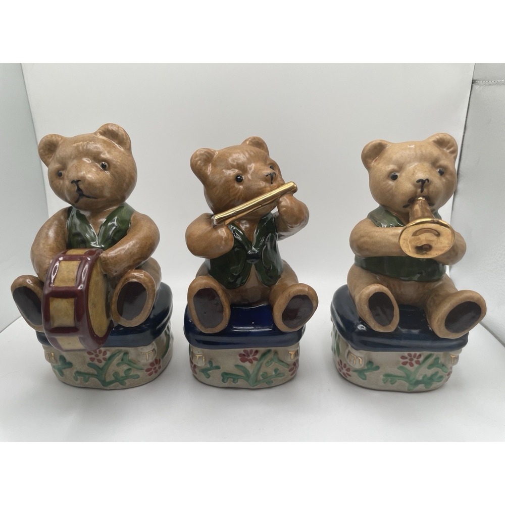 Vintage Musical Christmas Porcelain Teddy Bears Figurines w/ Musical Instruments - Picture 4 of 13